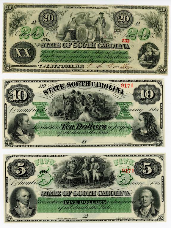 FIVE SOUTH CAROLINA OBSOLETE CURRENCY NOTES (1 of 4)