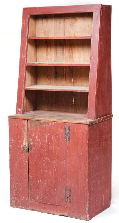 AMERICAN PAINTED STEP BACK CUPBOARD. (1 of 5)