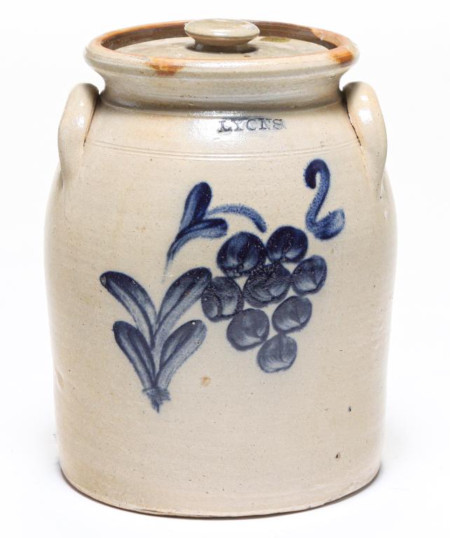 AMERICAN "LYONS" LIDDED STONEWARE CROCK. (1 of 7)