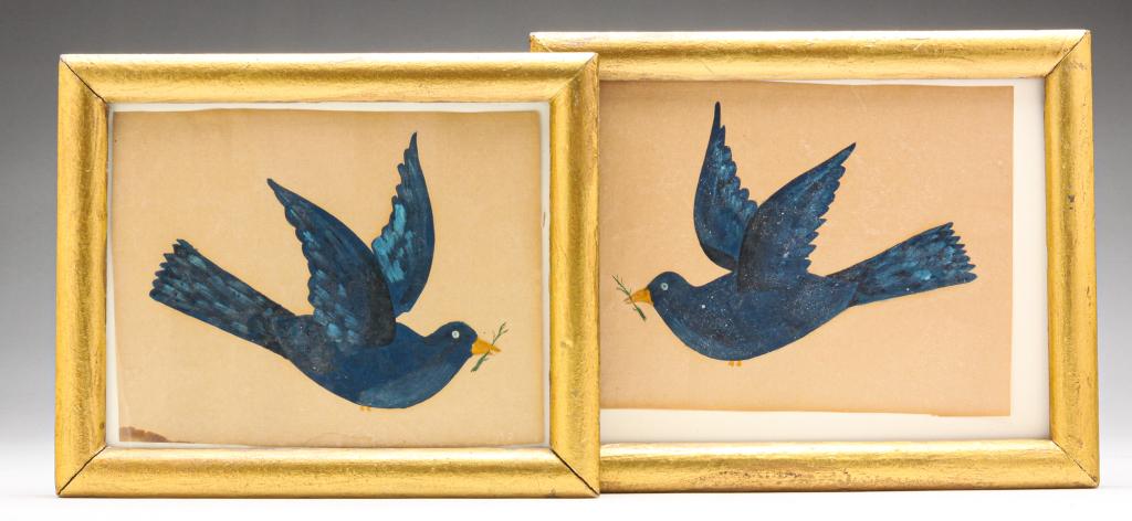 TWO FOLK ART PAINTINGS OF BLUEBIRDS. (1 of 4)
