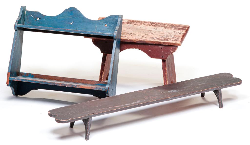 AMERICAN COUNTRY KNEELER, SHELVES AND STOOL. (1 of 5)