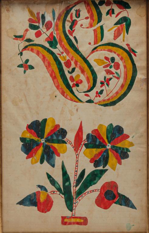 SCHWENKFELDER FRAKTUR.: Pennsylvania, mid 19th century, watercolor on lined paper. Brightly colored flowers and calligraphic "B". Back has pen and ink religious text. Stains and foxing. Framed, 14.5"h. 10"w. Ex Russ and Cori