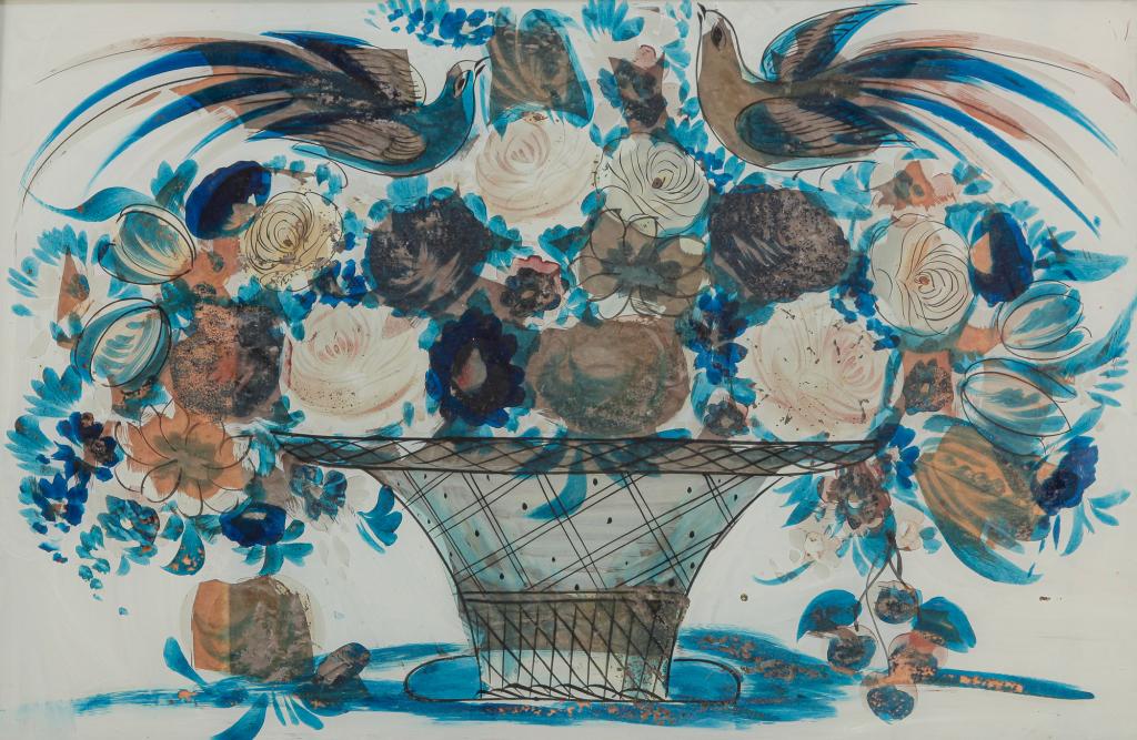 AMERICAN REVERSE GLASS PAINTED STILL LIFE. (1 of 3)