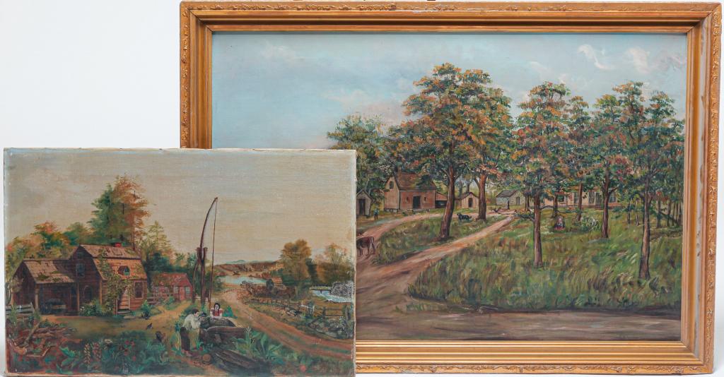 TWO NAIVE AMERICAN FARMSTEAD SCENES. (1 of 4)