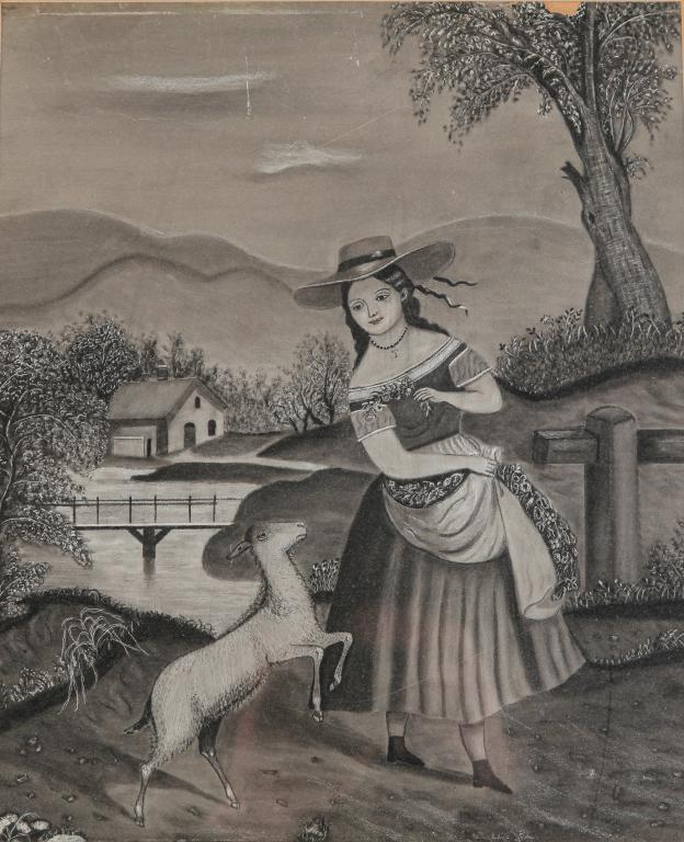 AMERICAN SANDPAPER DRAWING OF GIRL AND SHEEP. (1 of 3)