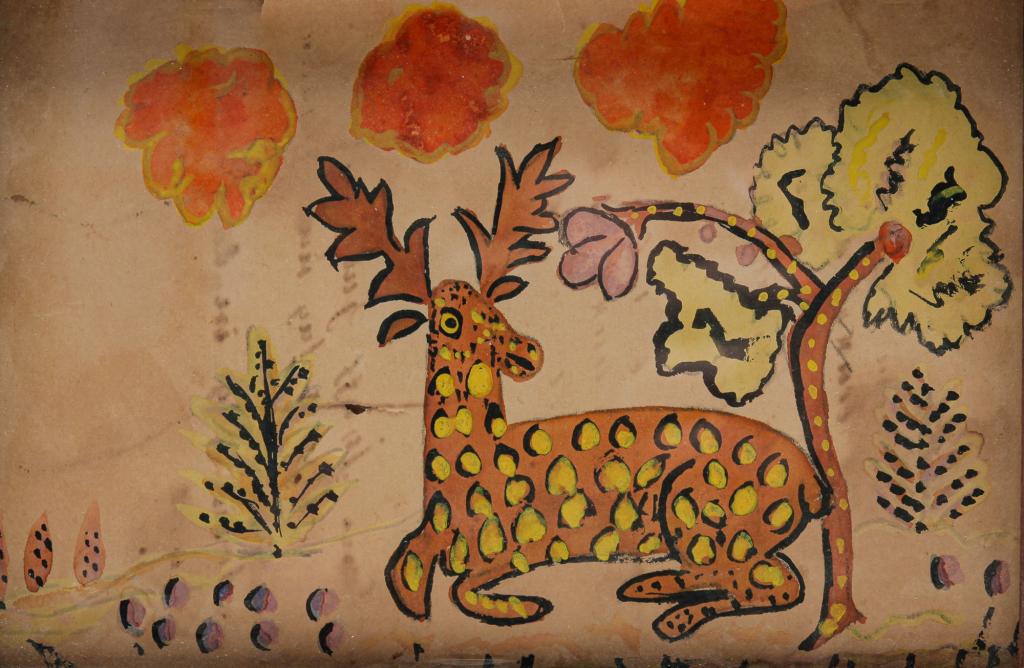 AMERICAN FOLK ART PAINTING OF DEER.: Late 19th century, watercolor on paper. Folksy spotted deer on the back a ledger page with pen and ink German text and dates 1861, 1862, 1873. Toning, stains and small tears. Linen hinges. Framed, 6.7