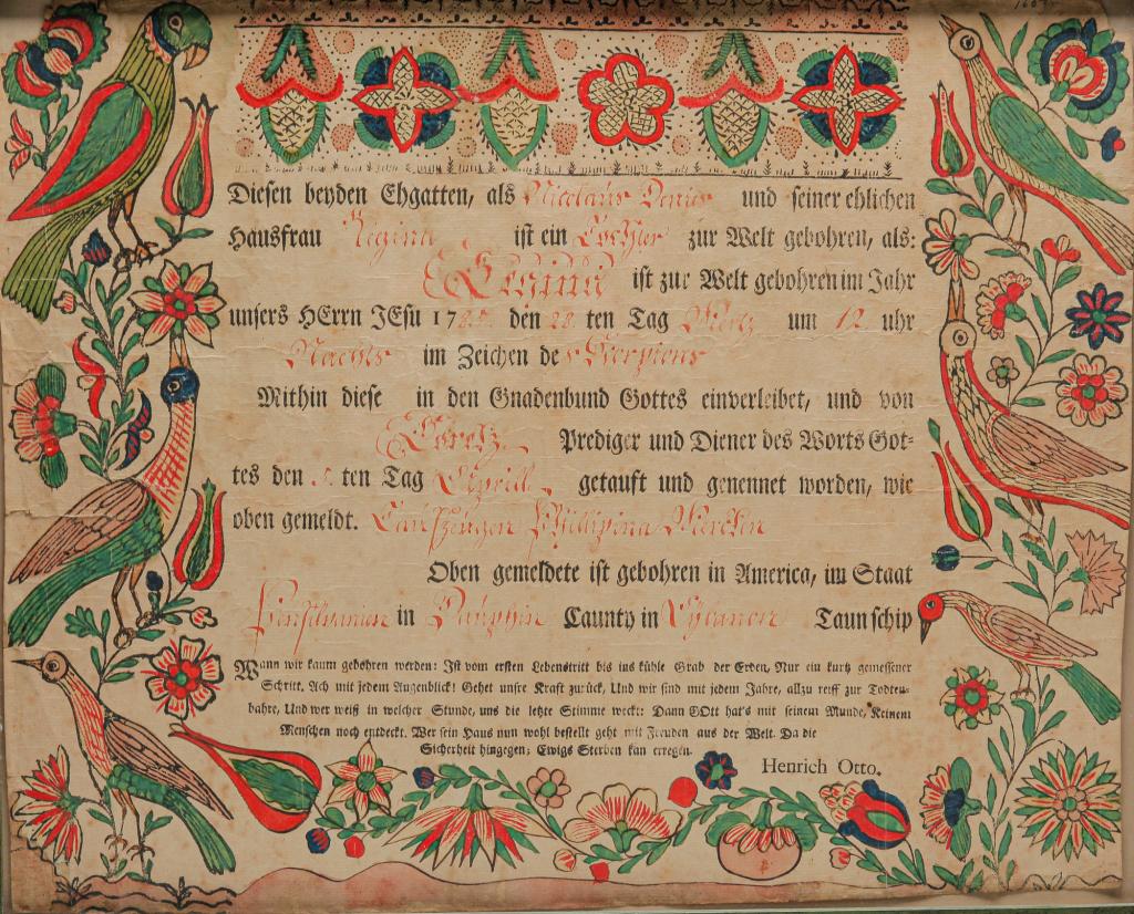 PENNSYLVANIA FRAKTUR BY HEINRICH OTTO.: Johann Heinrich Otto, worked 1762-1797. Printed on laid paper with watercolor on birds and flowers. Records the 1785 birth of Regina Denier (?), Dauphin County, Pennsylvania. Tears and some corner los