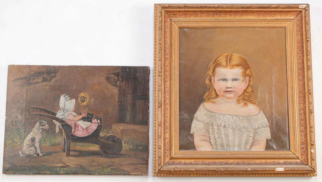 TWO AMERICAN PAINTINGS OF CHILDREN. (1 of 5)