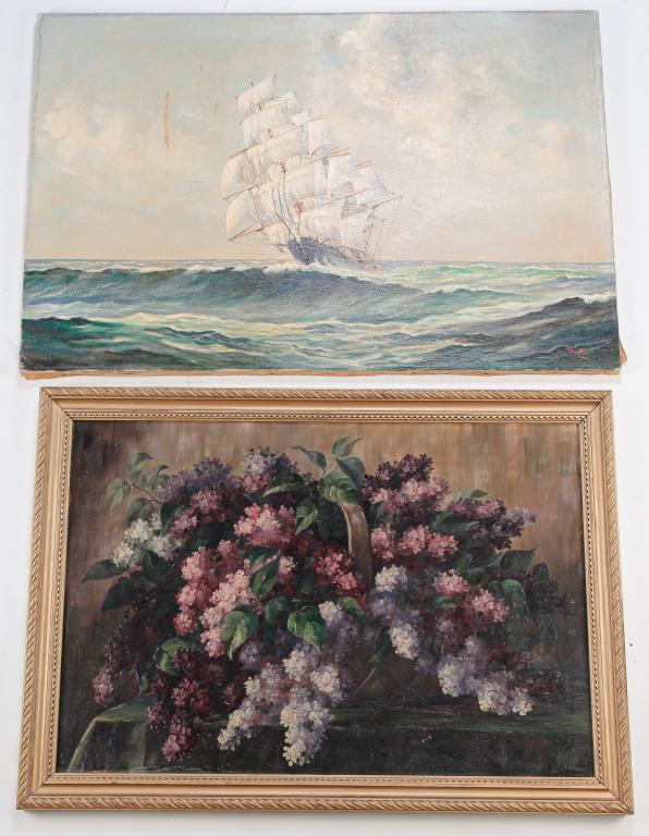 TWO SAILING SHIP AND STILL LIFE PAINTINGS. (1 of 6)