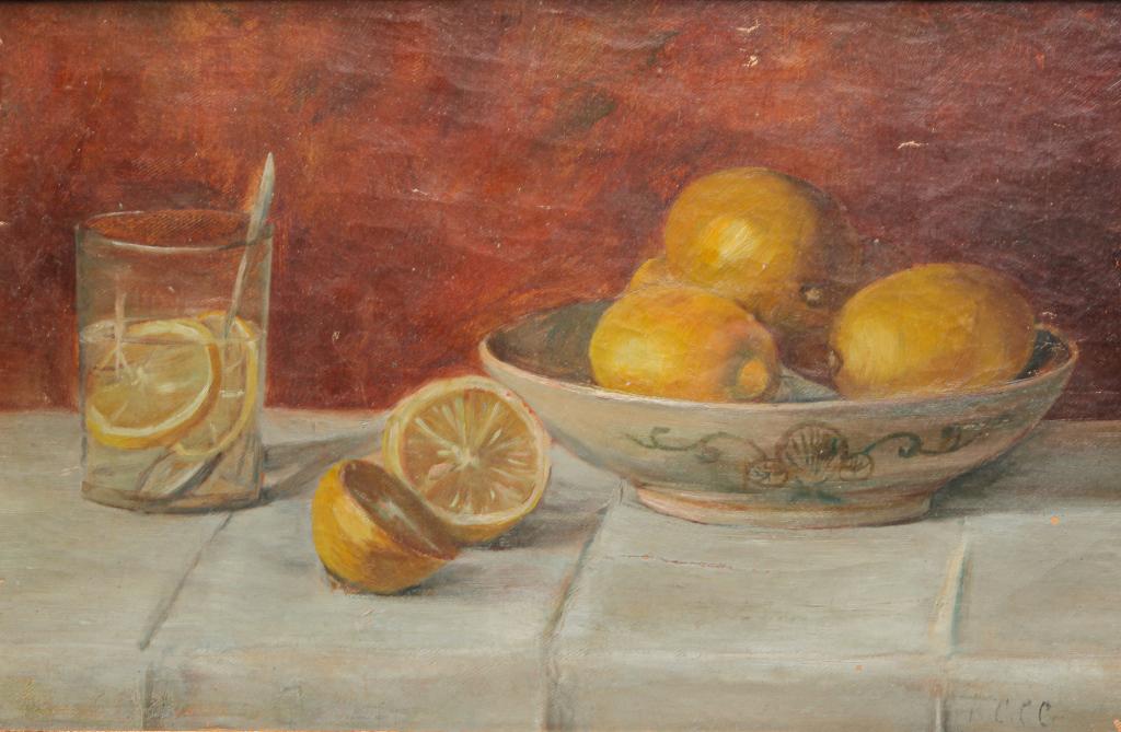 STILL LIFE POSSIBLY BY FRANCIS CHALLENOR-COAN.: New York, b. 1872. Oil on canvas, initialed lower right. Lemons in delft bowl. Inked label on back. Cut off stretcher. 10.5"h. 15.75"w., framed, 13"h. 18.25"w.