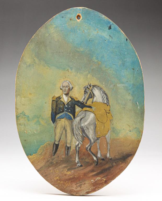 NAIVE PORTRAIT OF GEORGE WASHINGTON.: Second half 19th century. Oil on wood board, unsigned. Washington and horse after Gilbert Stuart on a repurposed wooden board. Minor wear at hanging hole. 12"h. 8"w.