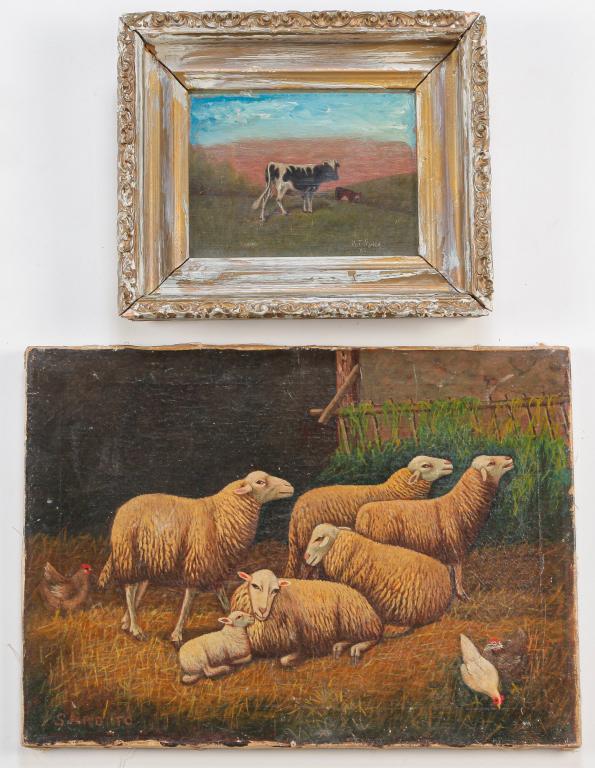 TWO AMERICAN PAINTINGS OF SHEEP AND CATTLE. (1 of 4)