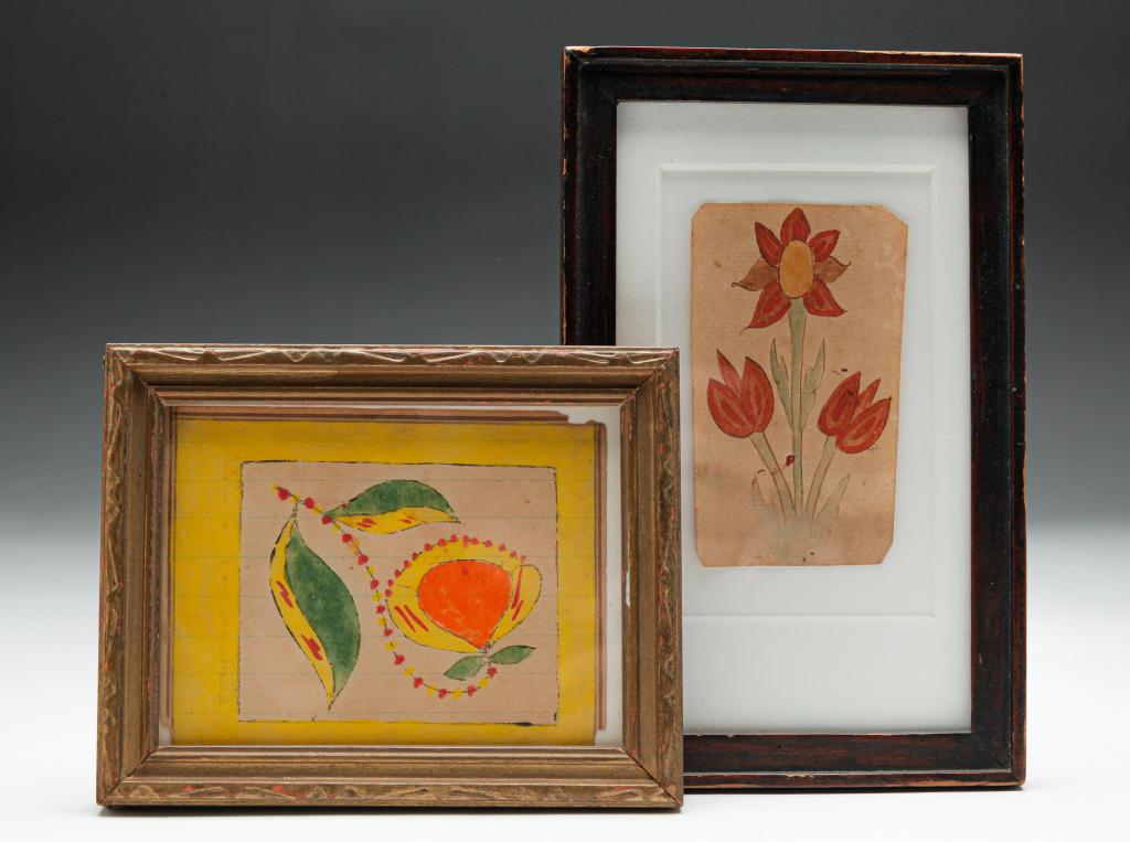 TWO AMERICAN FOLK ART FLORAL WATERCOLORS. (1 of 6)