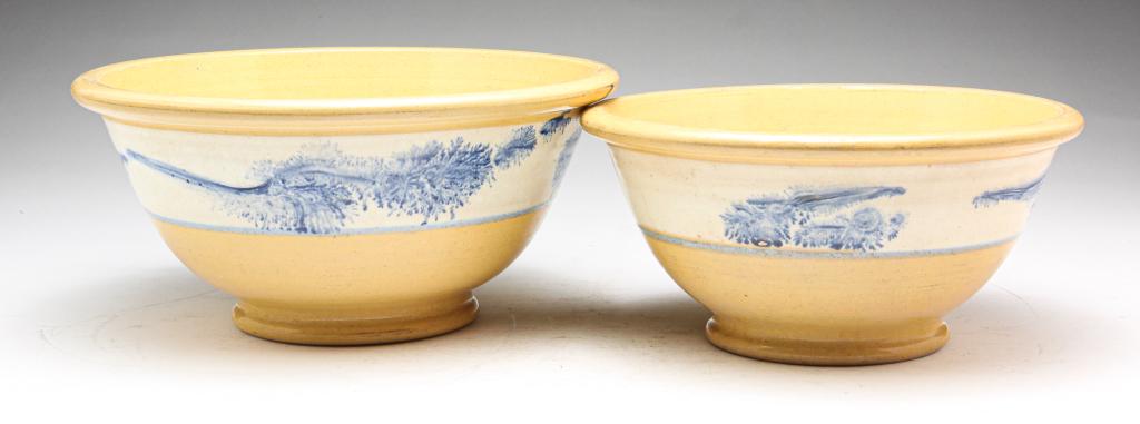 TWO MOCHA DECORATED YELLOWWARE BOWLS. (1 of 5)