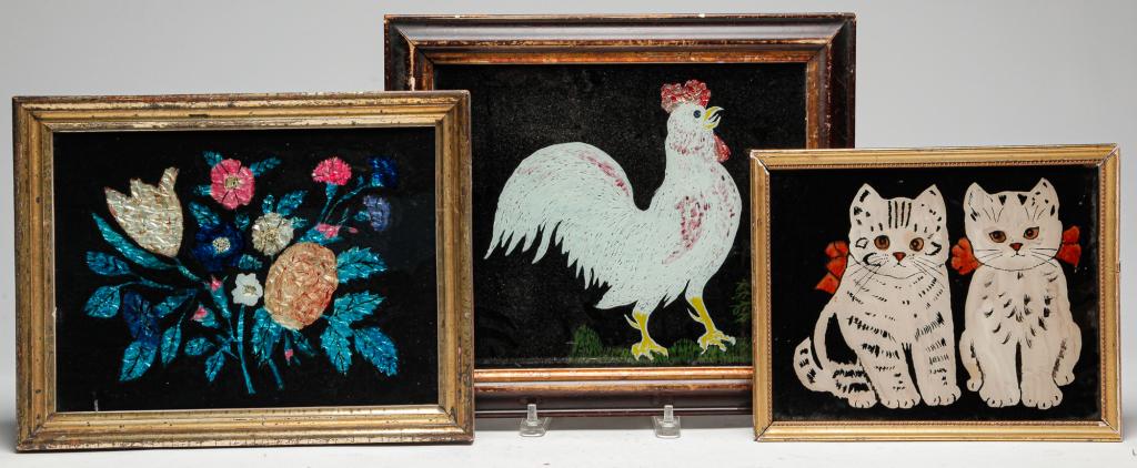 THREE AMERICAN REVERSE GLASS PAINTINGS. (1 of 6)
