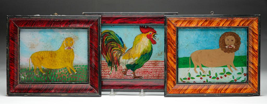 THREE AMERICAN REVERSE GLASS PAINTINGS. (1 of 7)