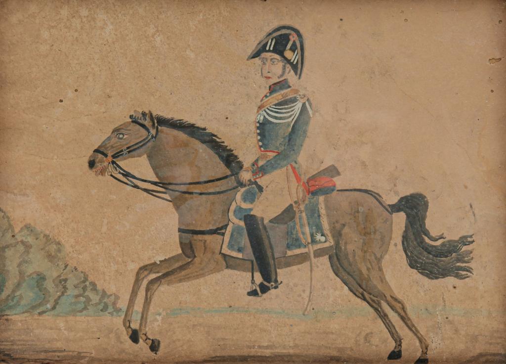 AMERICAN FOLKSY PAINTING OF A CAVALRYMAN. (1 of 3)