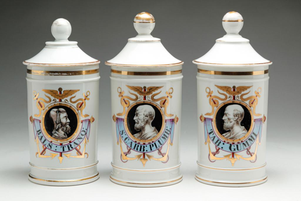 THREE FRENCH APOTHECARY JARS. (1 of 6)