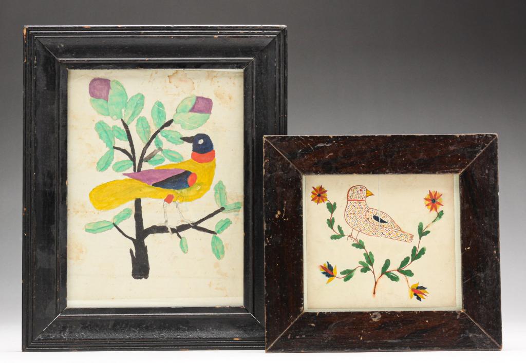 TWO AMERICAN FOLKSY BIRD PAINTINGS. (1 of 4)