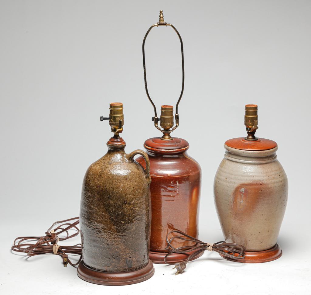 THREE AMERICAN STONEWARE LAMPS. (1 of 4)