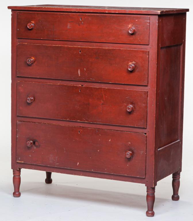 AMERICAN PAINTED SHERATON CHEST.: Second quarter 19th century, pine. Mortised top, paneled ends, turned legs and four overlapping dovetailed drawers. In red on back, "John Bowman Millersburg, Elkhart County, Indiana" with additional t