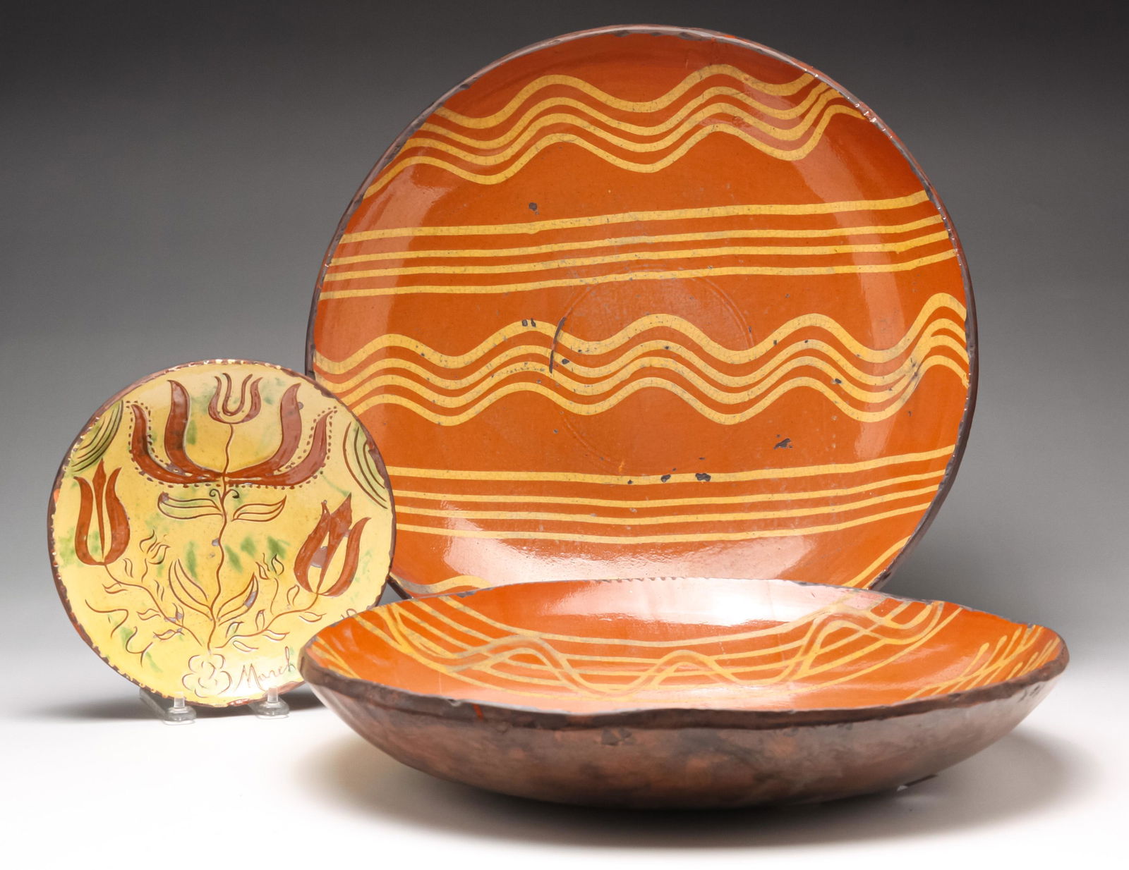 THREE GREG SCHOONER OHIO REDWARE PIECES. (1 of 6)