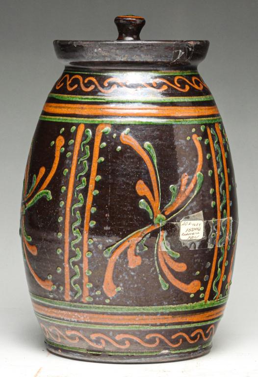 GREG SCHOONER OHIO LIDDED REDWARE JAR. (1 of 3)
