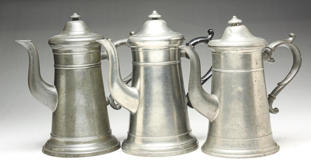 THREE CONNECTICUT PEWTER TALL POTS. (1 of 6)