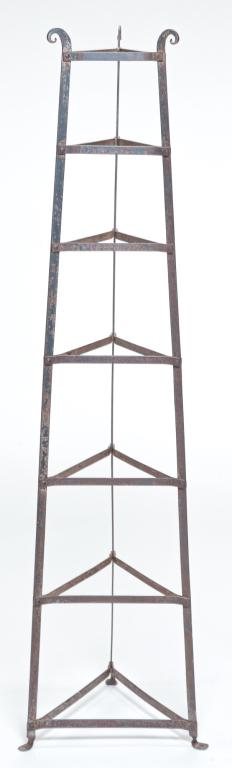 IRON POT STAND WITH SIX COPPER POTS. (1 of 7)