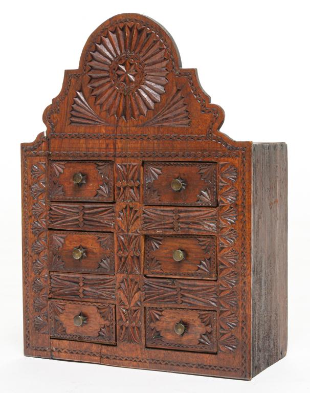AMERICAN CHIP CARVED SPICE CABINET. (1 of 4)