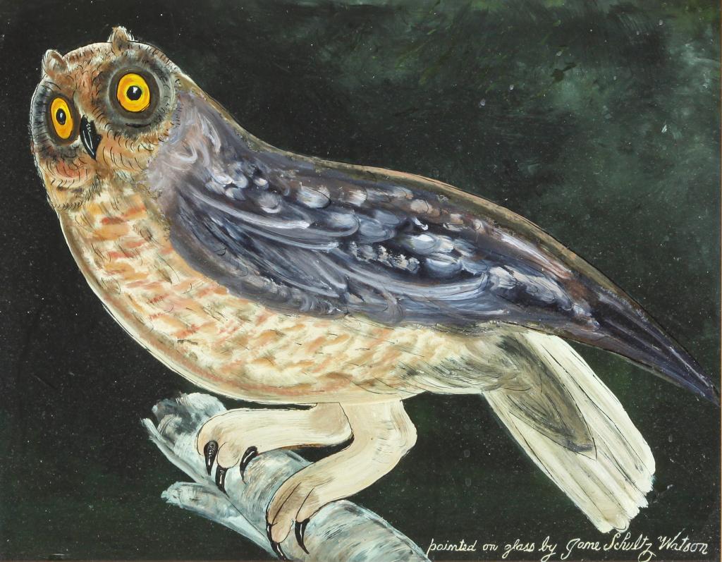 AMERICAN FOLK ART REVERSE PAINTING OF AN OWL. (1 of 5)