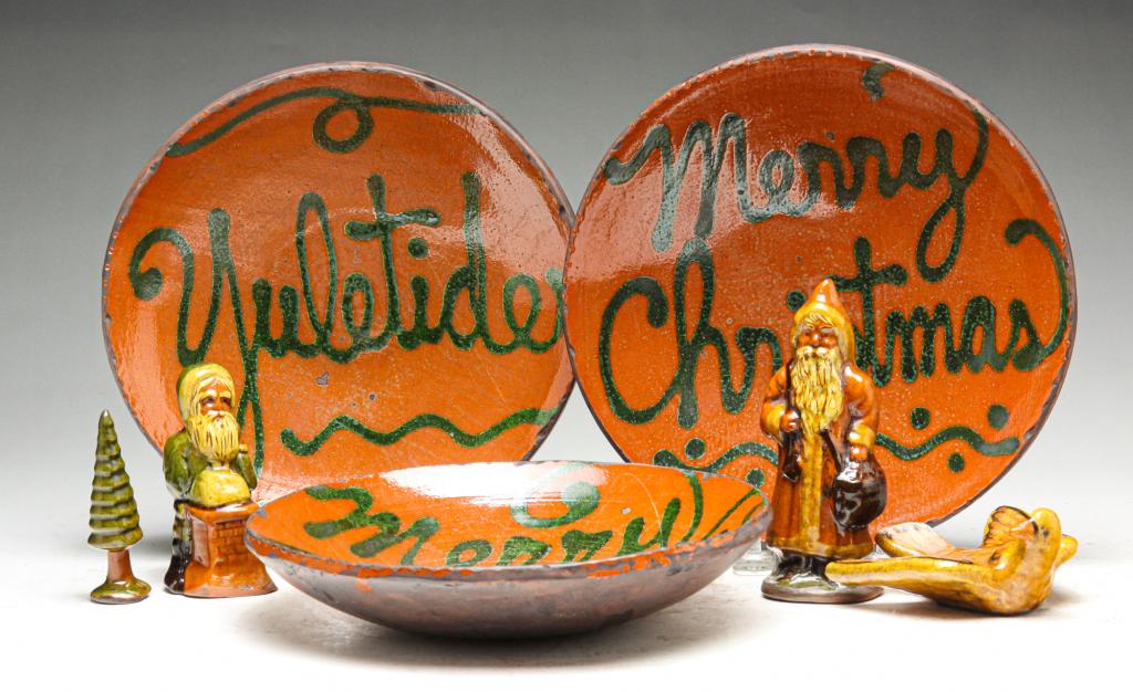 SEVEN SCHOONER CHRISTMAS REDWARE PIECES. (1 of 9)