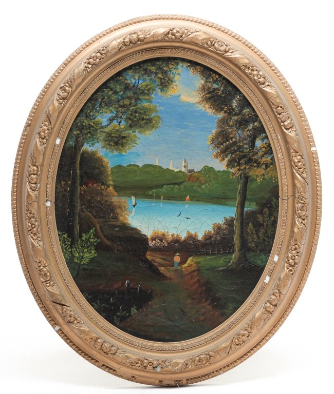 HUDSON RIVER VALLEY TYPE RIVER SCENE.: American school, 2nd half 19th century. Oil on canvas, unsigned. Naive oval image with wagon tracks and buildings in the background. Rebacked on canvas, crazing, repaired tear. 20"h. 16"w., framed, 25