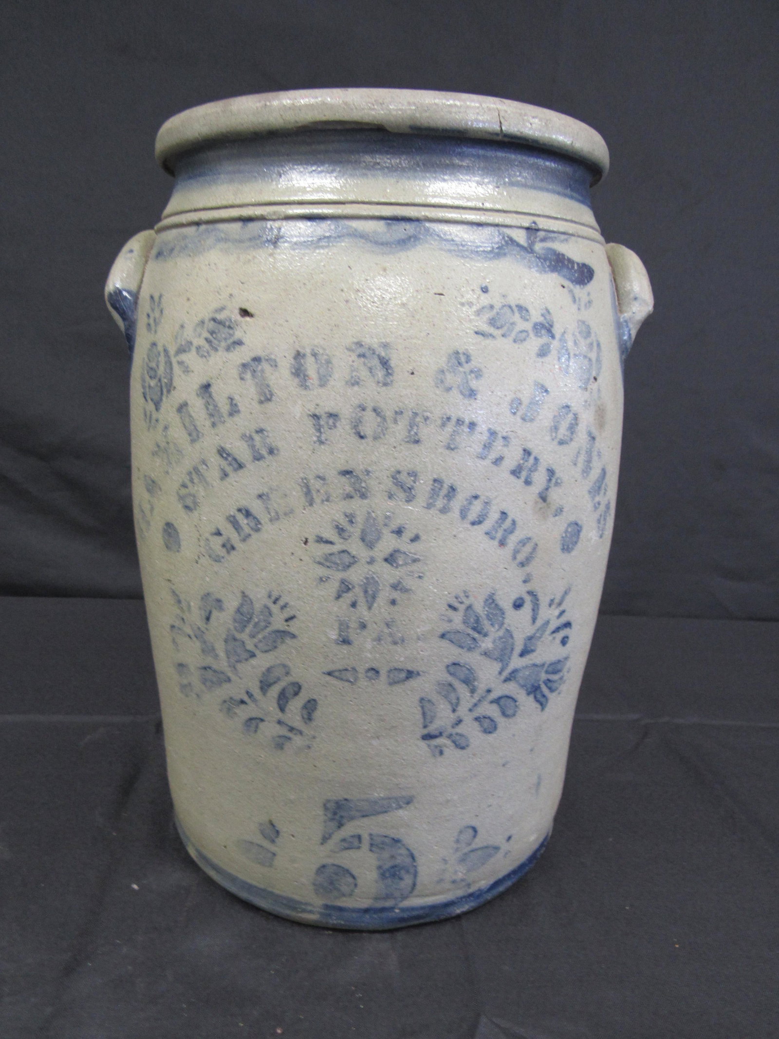 FIVE GALLON HAMILTON & JONES STAR POTTERY JAR: Greensboro, PA. Nice condition with hairline.