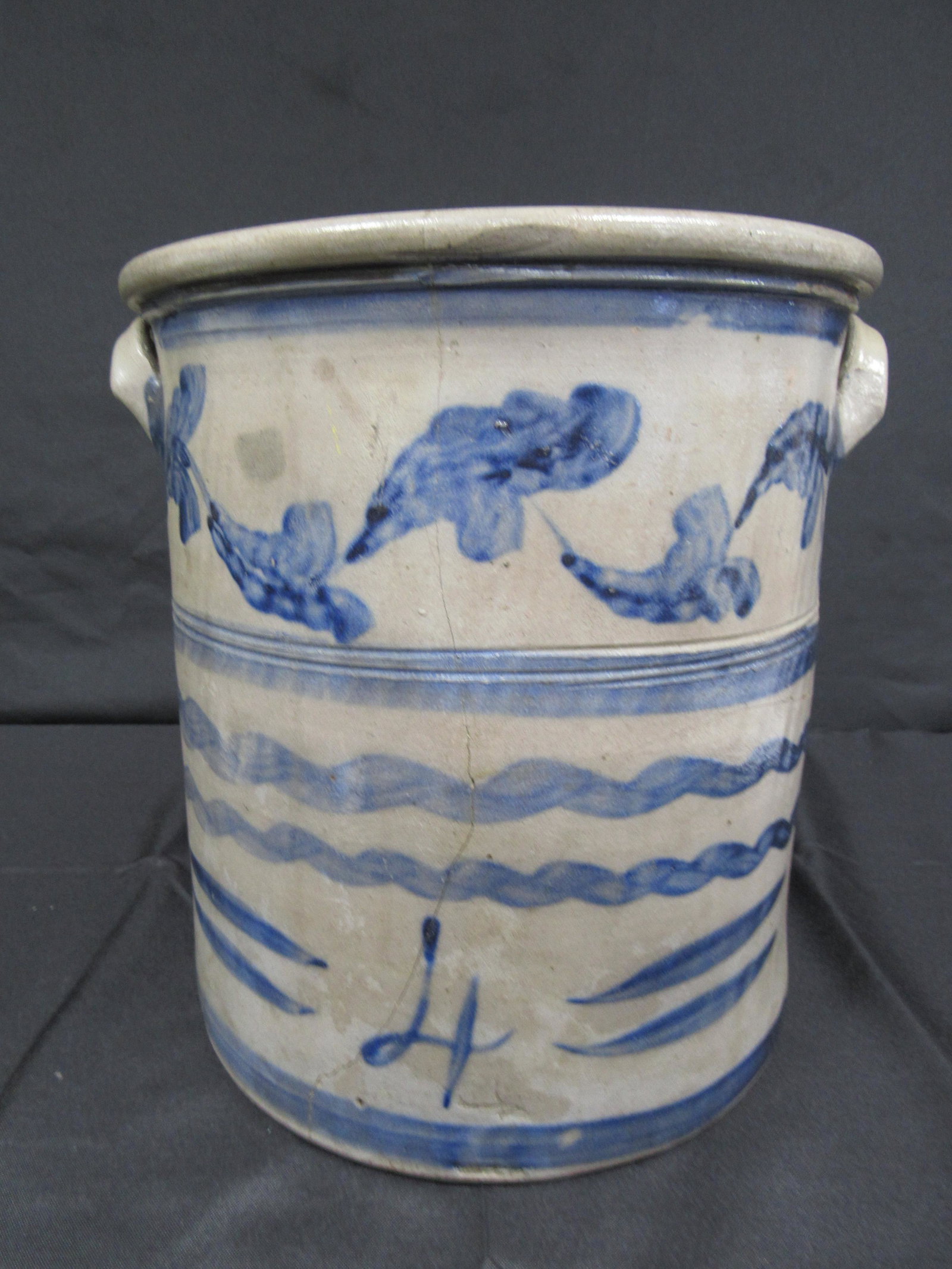 4 GALLON WESTERN PA STONEWARE CROCK: Nice blue color, elaborate freehand decoration with two hairlines with repair.