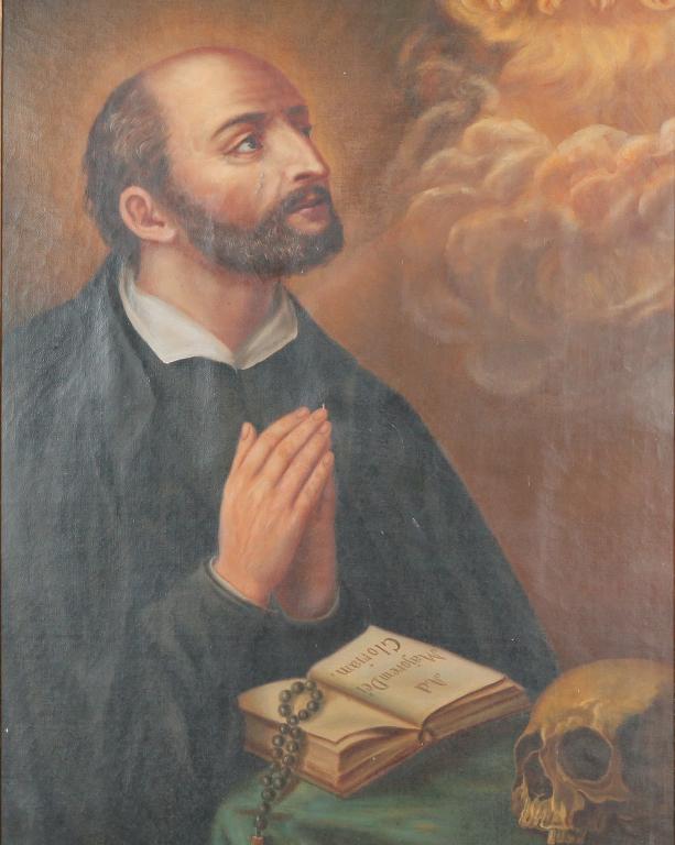 PORTRAIT OF SAINT IGNATIUS OF LOYOLA.: European school, 19th century. Oil on canvas, unsigned. Catholic saint with rosary and book "AD Majorem Dei Gloriam". Backed with foam board, some patched tears and inpainting. 28"h. 22"w., framed, 35