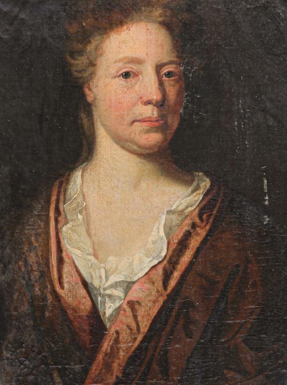 PORTRAIT OF A YOUNG MAN.: European school, 18th century. Oil on canvas, unsigned. Dressed in brown robe. Restoration including rebacking on board, crazing and surface scuffs. Framed, 32"h. 26"w.