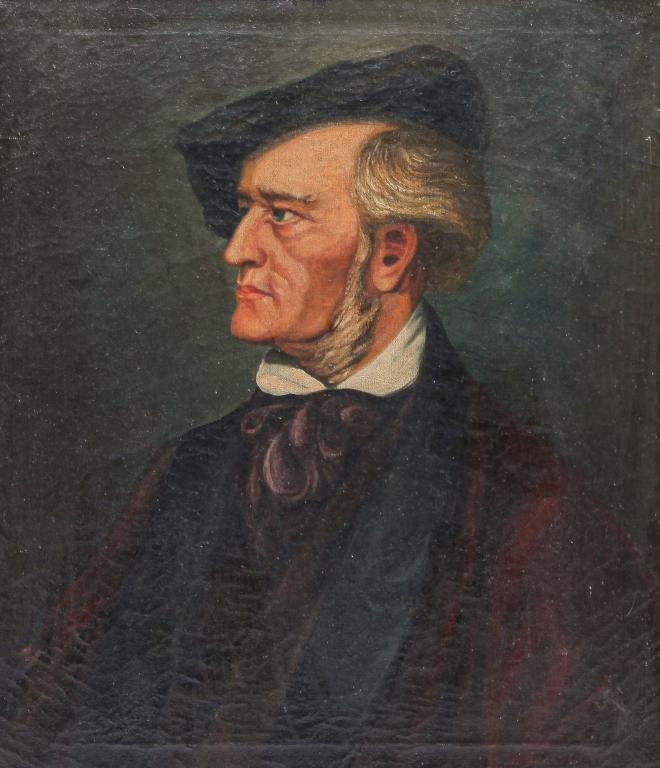 PORTRAIT OF RICHARD WAGNER.: Most likely American, late 19th century. Oil on canvas, unsigned. Image after print of Wagner wearing a cap. 28"h. 24"w., framed, 33.5"h. 29.5"w.