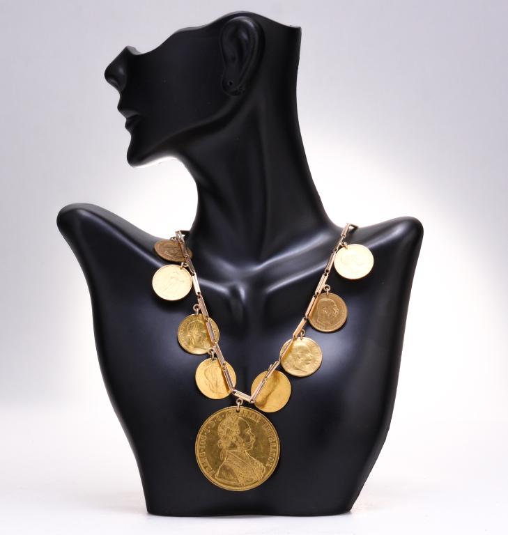 GOLD NECKLACE WITH NINE GOLD AUSTRIAN COINS. (1 of 4)