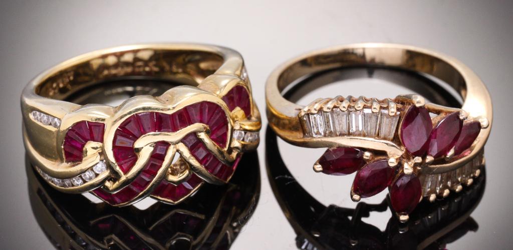 TWO VINTAGE YELLOW GOLD RUBY AND DIAMOND RINGS. (1 of 5)