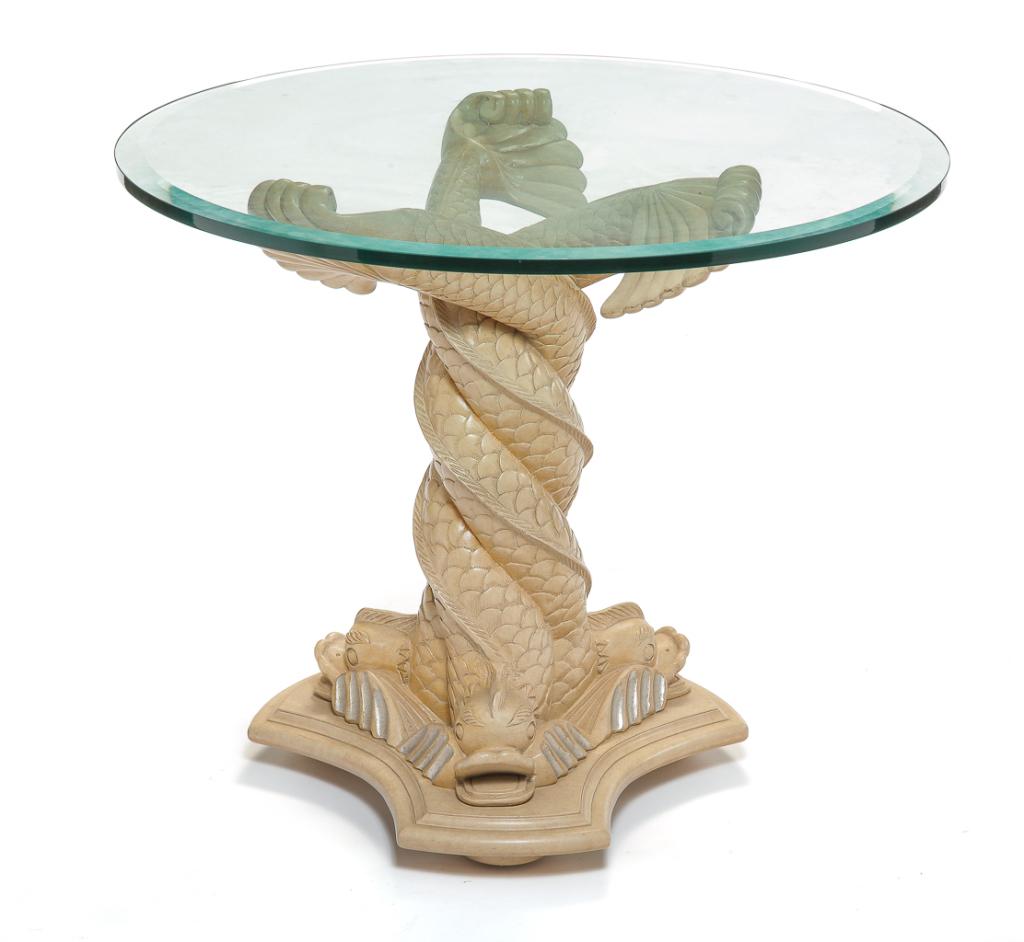 CONTEMPORARY DOLPHIN BASE TABLE.: Late 20th century. Wooden carved base with original paint and round beveled edge glass top. 25"h. 30"d.