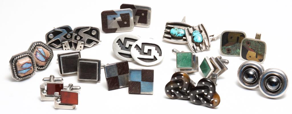 TWELVE PAIRS VINTAGE MEXICAN SILVER CUFFLINKS. (1 of 7)