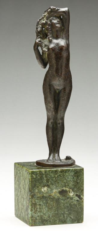 BREATH OF THE PINES BRONZE BY CHESTER BEACH.: American, 1881-1956. Signed on base with "B. Zoppo Foundry" (New York City). Small standing figure of a nude woman on green marble base. 7.5"h. overall.