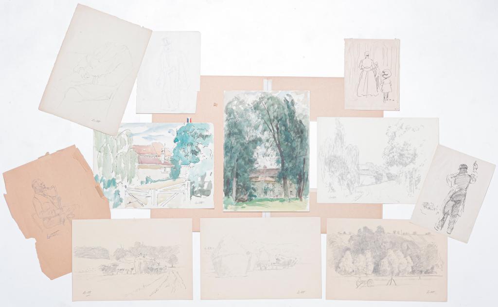 ELEVEN SKETCHES AND STUDIES BY EDWARD LINTOTT.: Edward Barnard Lintott (English, 1875-1951). All signed. Two ink and watercolor images of French houses, 10.5" x 15", and four pencil landscapes. A sketch of one of the French houses and three haymaki