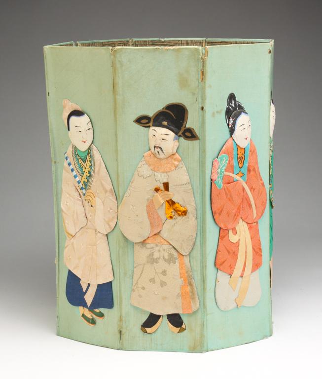 CHINESE SCREEN OR COVER.: Third quarter 20th century. Cardboard covered in silk with printed and painted figures. Wear. 12"h.