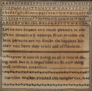 ENGLISH CAROLINE WALKER SAMPLER.: Dated October 1846. Linen with black thread, alphabet, numerals and verses. Discoloration and some damage. 16.25" square.