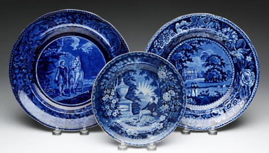 THREE ENGLISH HISTORICAL BLUE PLATES.: Second quarter 19th century. Two E. Wood and Sons: "Lafayette at Washington's Tomb," stains, hairlines and wear, 7"d. And Mary, Joseph and Infant Jesus, 10.25"d. And an R. Halls "Llanarth Court, Monmo