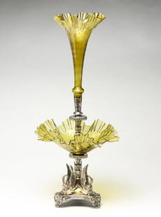 ENGLISH GLASS AND SILVER PLATED EPERGNE.: Second half 19th century. Green glass horn and bowl with ruffled rims and silver-plated base and horn holder with swans and Classical detail. Silver has wear. 27"h.