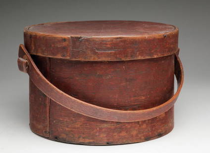 AMERICAN PAINTED BENTWOOD CARRIER.: Second half 19th century, oak and pine. Worn red paint and lap joints. Edge wear and some damage. 7.25"h. Plus Handle. 11"d.