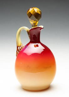 AMERICAN HOBB'S WHEELING PEACH BLOW CRUET.: Fourth quarter 19th century. Good color with facet-cut stopper. 6.5"h.